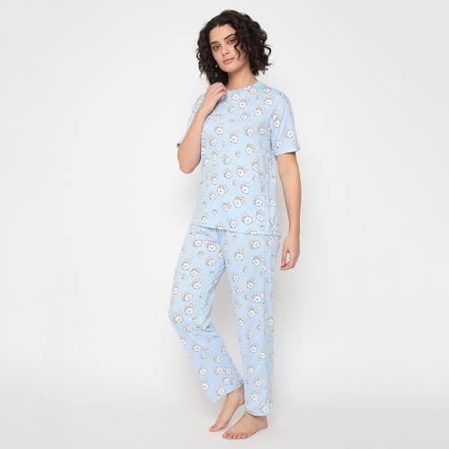 Image of CAMEY Women's Printed Pyjama Set, Short Sleeve T-Shirt and Trousers, Women Nightsuit, Loungewear Sets