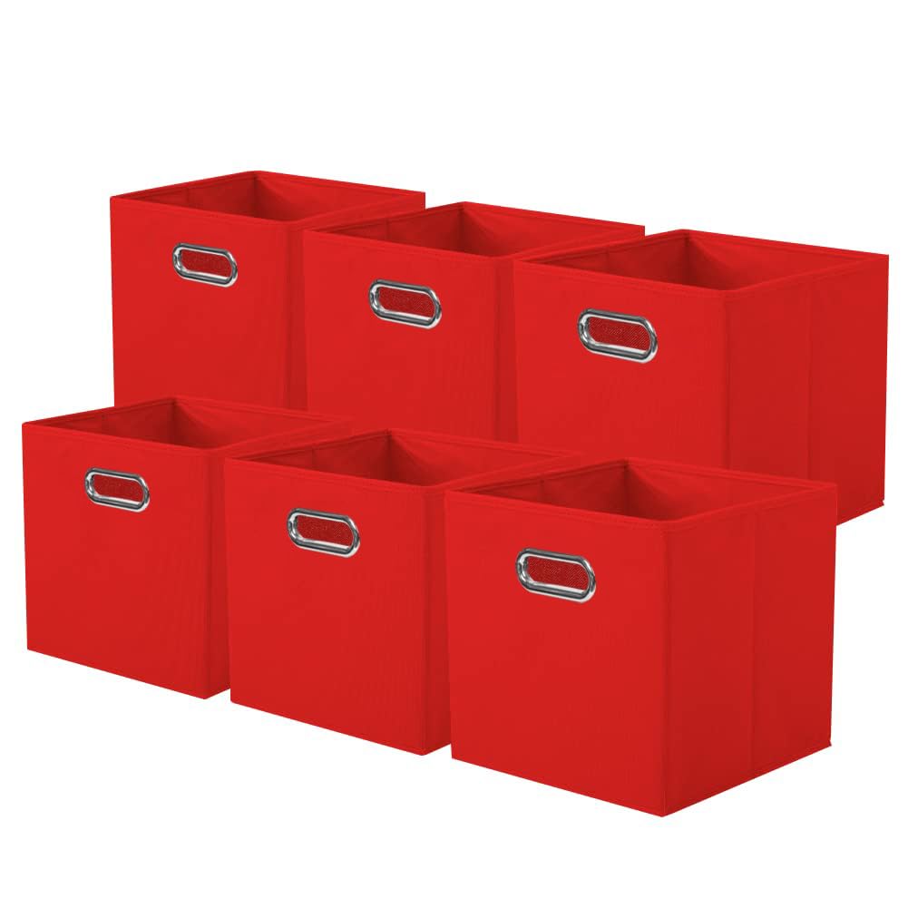 powerking Contenitore contenitore di stoccaggio in tessuto, 6 Pack pieghevole panno di stoccaggio Cube Organizer Cassetto con maniglia in metallo per armadio e giocattoli di stoccaggio, Rosso