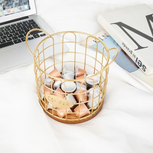 Fving Coffee Pod Holder, Large Capacity K Cup Holder Organizer,Big Metal Kcup Capsule Storage Basket with Wooden Base, Coffee Bar Decor Station Accessories for Kitchen Counter Office Desktop (Gold) by Fving - Image 5