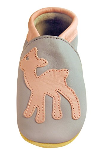 Scarpe da bambino Three Little Imps fatte a mano in morbida pelle - Aggraziato cerbiatto su sfondo grigio 18-24m (DRPG)