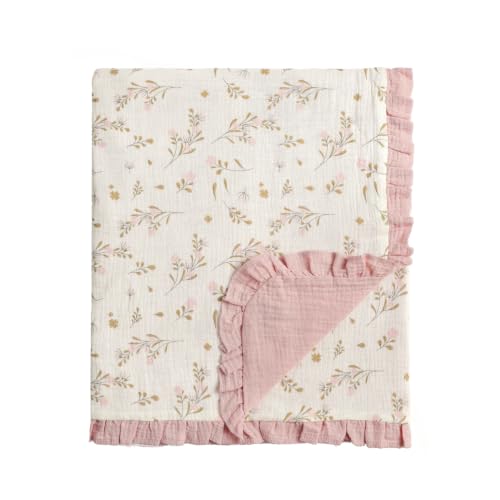 Image of CREVENT 40''X40'' 100% Organic Cotton Muslin Baby Blanket for Newborns, Essential for Baby Shower Birthday Gift - Flower with Trim100X100cm