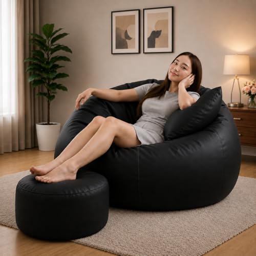 Image of 4XL Tear Drop Bean Bag with Footrest & Cushion | Premium Leatherette Bean Bag Cover | XXXXL Lounger Chair for Living Room | Without Beans | Upto 150 Kg (Black, XXXXL)