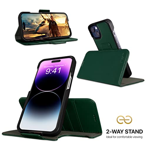 Image of dreem Fibonacci Compatible with iPhone 14 Plus Wallet case / 2-in-1 Shockproof case and Detachable Vegan Leather Folio, MagSafe Compatible, RFID Protection [Green]