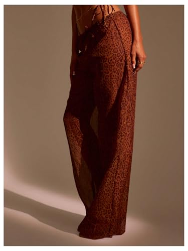 WDIRARA Women's Leopard Print Cover Up Pants Drawstring Waist Mesh Sheer Beach Pants3