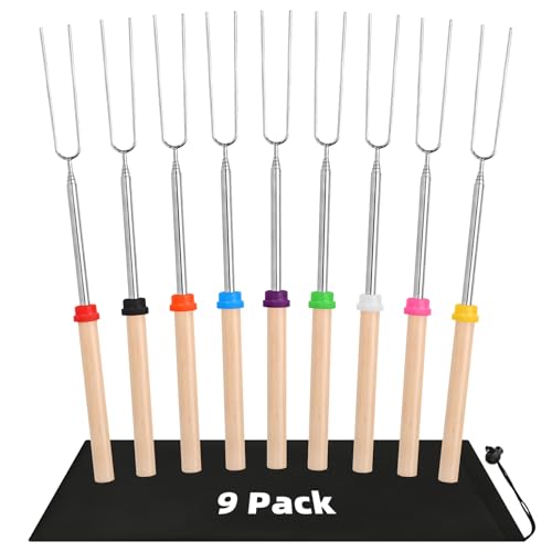 9 Pcs Extendable Marshmallow Toasting Forks Sticks 12 - 32 Retractable Marshmallow Roasting Sticks Smores Sticks for Fire Pits Campfire Stainless Steel Barbecue Forks for Hot Dogs BBQ Skewers