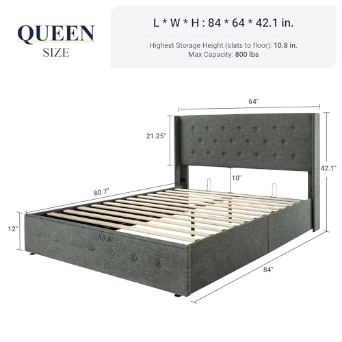 Allewie Queen Size Lift Up Storage Bed, Button Tufted Headboard with Wingback, Hydraulic Support, No Box Spring Needed, Dark Grey