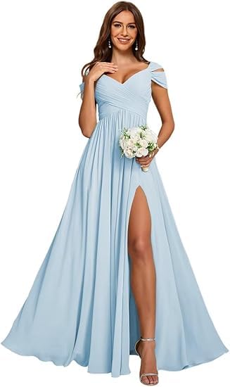 ZOOYYUE Wickelkleider Brautjungfern,Damen Off Shoulder Chiffon Brautjungfernkleider Lang - Formeller A-Linie V-Ausschnitt Lang Abendkleider Elegant...