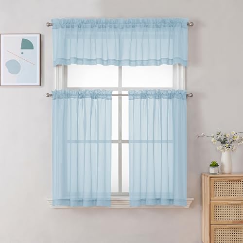 Image of Chyhomenyc Sky Blue Sheer Valances for Windows - Light Filtering Small Kitchen Curtains, Rod Pocket Short Top Window Treatment Decor for Living Room Bathroom Basement, 42Wx16L inches, 2 Panels