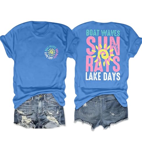 MNLYBABY Lake Life Shirts Women Boat Waves Sun Rays Lake Days T Shirt Summer Beach Tshirt Lake Days Trendy Summer Shirt Blue