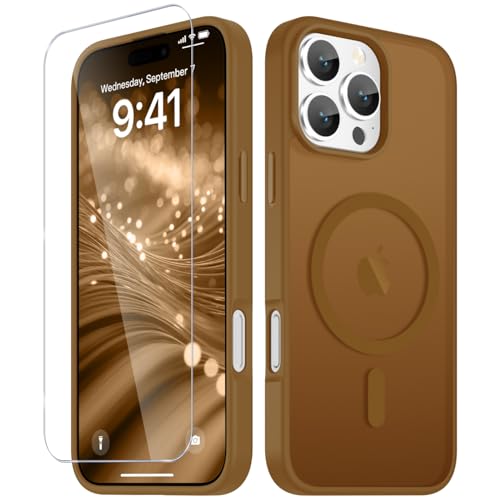 Image of YENAPOON for iPhone 16 Pro Max Case, Matte Magnetic Phone Cover [with 1 Screen Protector] [Support for MagSafe] [Shockproof Military Grade Protection] Translucent Frosted Back, Brown