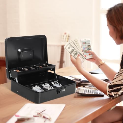 Cash Box with Money Tray and Combination Lock, Parrency Large Money Box, 5 Compartments for Cions & 4 Spring-Loaded Clips for Bills, 11 4/5" x 9 2/5" x 3 1/2", Black - Thumbnail 6