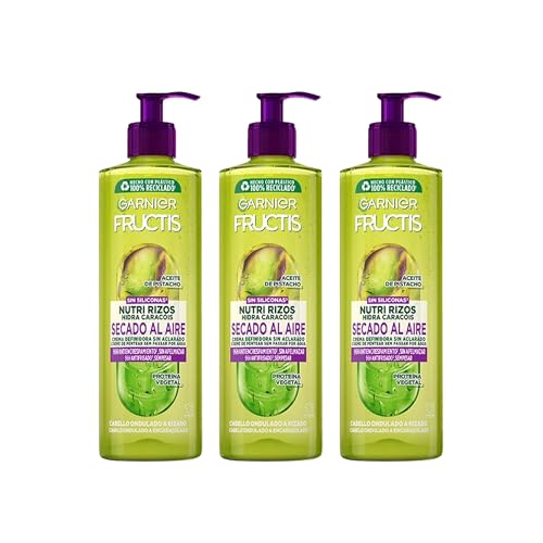Garnier Fructis, Crema Sin Aclarado Nutri Rizos Secado al Aire, para Pelo Rizado u Ondulado, Con Pectina de Fruta y Aceite de Pistacho, Nutre y Define tu Rizos Sin Secador, Pack 3x400ml