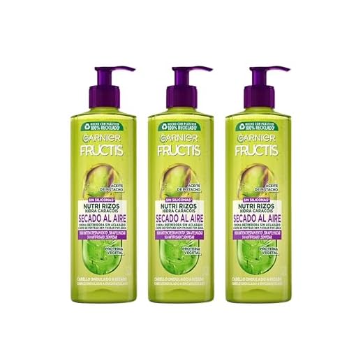GARNIER Fructis, Crema Sin Aclarado Nutri Rizos Secado al Aire, para Pelo Rizado u Ondulado, Con Pectina de Fruta y Aceite de Pistacho, Nutre y Define tu Rizos Sin Secador, Pack 3x400ml