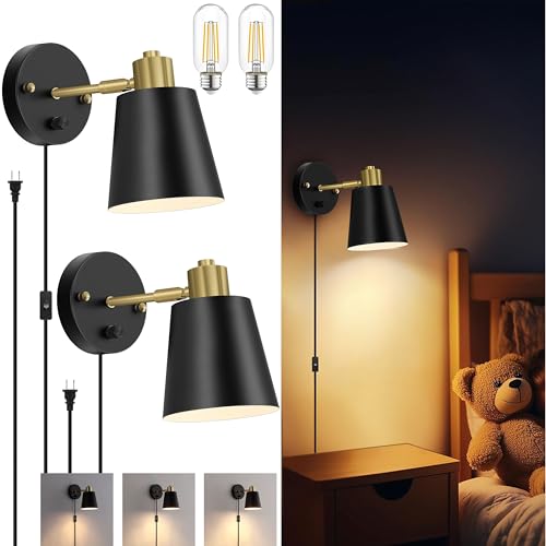 Lomoky Plug in Wall Sconces Set of 2, Dimmable Wall Lights with Plug in Cord and Dimmer On/Off Knob Switch, Adjustable Angle Black Wall Mounted Lamp for Bedside Bedroom Living Room (2 Bulbs Included)