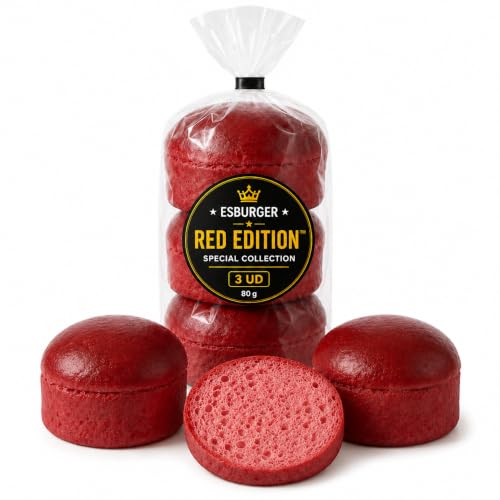 ESBURGER RED EDITION ™ | Pan Rojo para Hamburguesas Creativas Pack 3 x 80g | Burger Bun Miga Suave Esponjosa | Panecillos Burgers Virales, BBQ, Street Food y Celebraciones