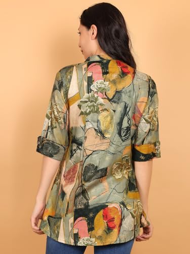 Image of FIMS - Fashion is my style Rayon Abstract Printed Short Kurti for Women, Tunics Tops, Ethnic Wear for Office, Flared, Mandarin Collar V Neck, Roll-Up Sleeves, Summer Wear, Ideal Gift for Girls
