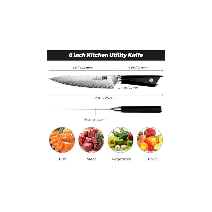 SHAN ZU Damascus Chef Knife 6 inch,67-Layer Japanese Steel 10Cr15CoMoV Kitchen Knife, High Carbon Super Sharp Japanese Chef Knife, All Purpose Professional Kitchen Utility Petty Knives with G10 Handle