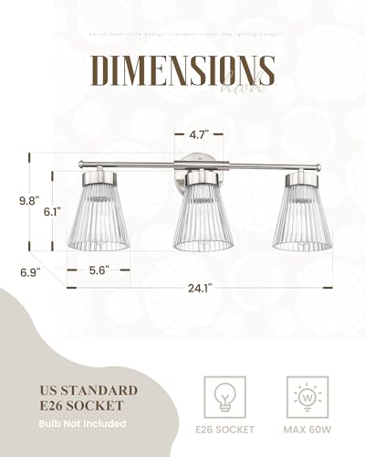Image of HWH INVESTMENT 3-Light Bathroom Vanity Light, Brushed Nickel, 5HZG97B-3W BN | 24.1-Inch Hardwired Wall Light with Clear Striped Glass; 3 E26 Bulbs, Max 60W Each; Bulbs Not Included