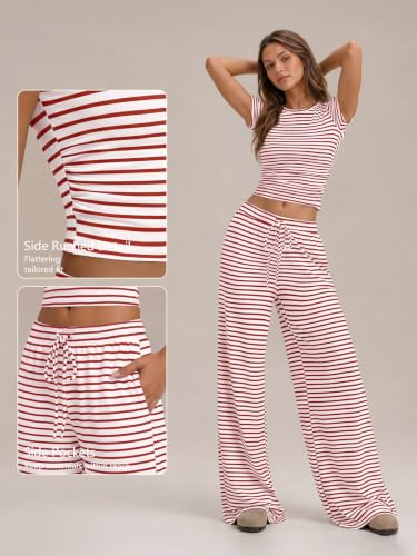 Image of Trendy Queen Women's 2 Piece Matching Summer Lounge Set with Pockets | Vacation Airport Travel Outfits, Workout Gym Clothing Comfy Athleisure Clothes, Side-ruched Top, Drawstring Wide Leg Pants