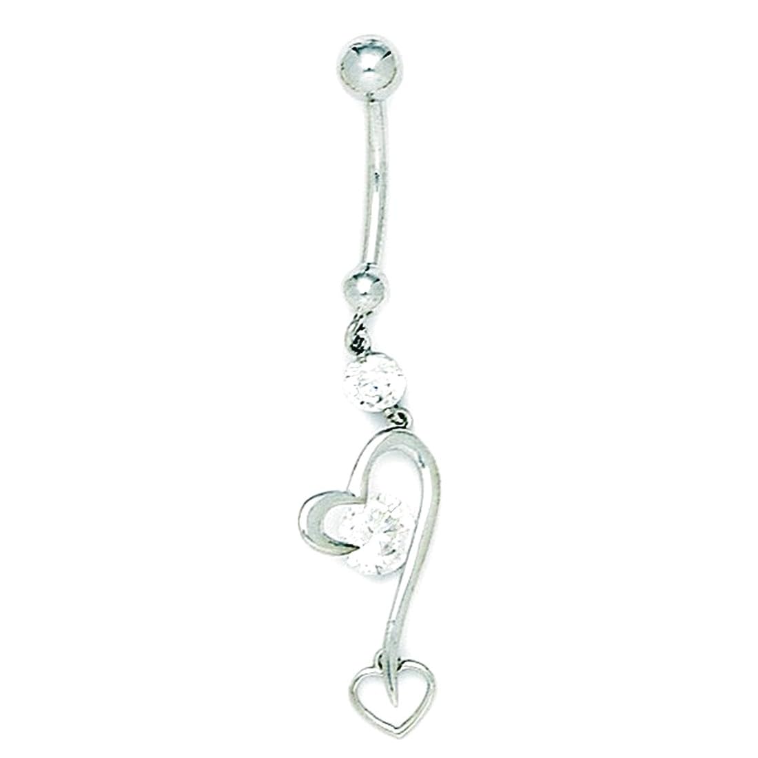 14 Karat Weißgold Zirkonia künstlicher Diamant 14 Gauge baumelnde Liebe Herz Körper Schmuck Bauchnabelring Maße 48 x 10 mm Schmuck Geschenke für Frauen, Metall, zirkonia