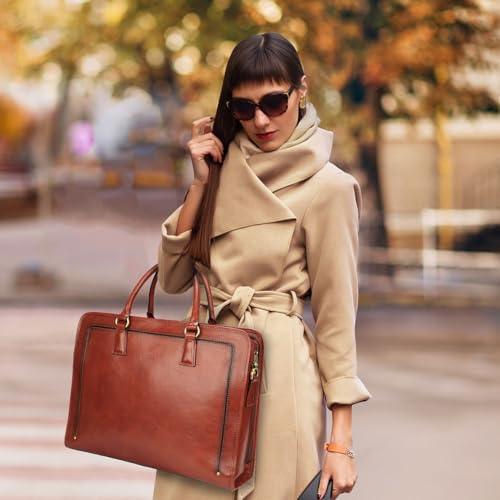 Banuce Vintage and Classic Genuine Full Grains Italian Leather Briefcase for Women 14 Inch Laptop Bag Stylish Business Work Bag Brown