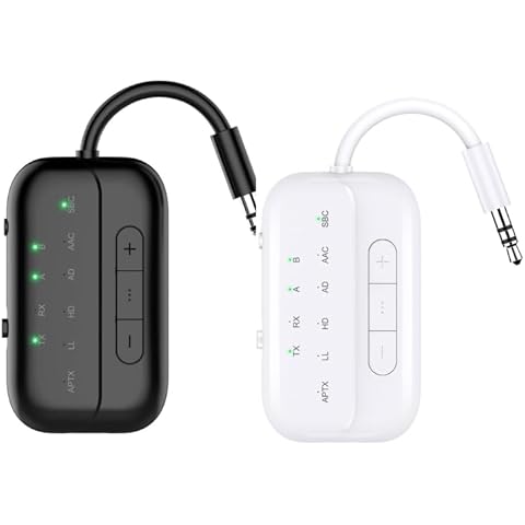Bluetooth Transmitter Receiver,2-in-1 V5.3 Wireless Transmitter for Airplane,TV,PC,Gym,Switch. Supports up to 2 AirPods/Headphones. Bluetooth Receiver for Car/Home Stereo,with AptX Low Latency & HD Cover