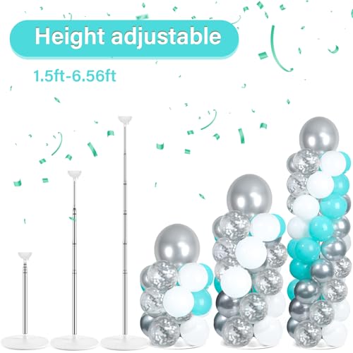 Image of 2 Sets Teal Blue Silver White Balloon Column Stand Kit with 102 Balloons Adjustable Balloon Tower Stand with Bases for Floor Confetti Silver Balloons Column Kit for Graduation Birthday Party Decor