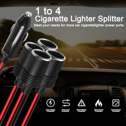 HATMINI 1 do 4 Zapalniczki Samochodowej Adapter 12 V 24 V Gniazdo 4-drożne gniazdo Rozdzielacz Zapalniczki Samochodowej 13AWG z bezpiecznikiem 20A - 1FT / 0,3 M