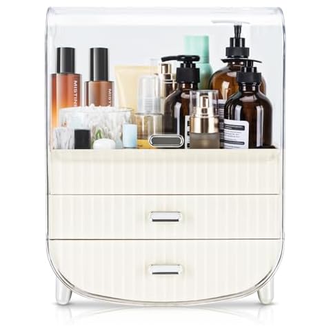 VUSIGN Makeup Organizer, Cosmetics Skincare Organizers with 3-Layer Storage Box and Transparent Cover, Vanity Organizer Countertop for Bathroom, Dresser, Ideal Gifts for Women, White Cover