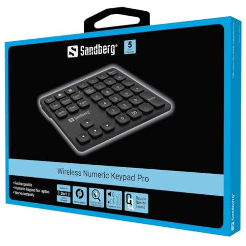 Sandberg Wireless Numeric Keypad Pro, Numerische Tastatur, 36 Leise Tasten, Drahtloser Ziffernblock, Plug & Play, Wiederaufladbar, Numerische Bluetooth-Tastatur, Büro Heimarbeit Studium, Für Windows