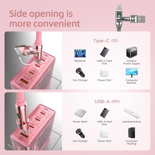 Image of MFish 4 in 1 Charging Cable, 240W Max Fast Charger Cord 6.6FT with Carrying Case, Silicone USB A /C to Lightning /C with Light, Multi Universal Cable for iPhone 17 /16 /MacBook /iPad /Laptop /Carplay, Pink