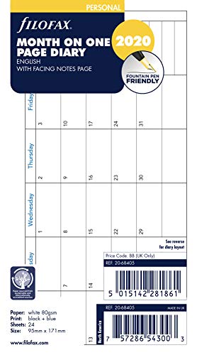 Filofax 2020 Personal/Compact Month on a Page Horizontal Refill, Monthly, Jan 2020- Dec 2020, 6.75 x 3.75 inches (C68405-20)