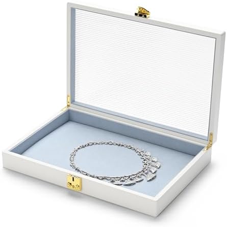 Oirlv White Luxury Leather Jewelry Organizer Tray with Clear Lid Lockable Jewelry Box Necklace Holder Box for Women(Blue Interior) Flat Tray