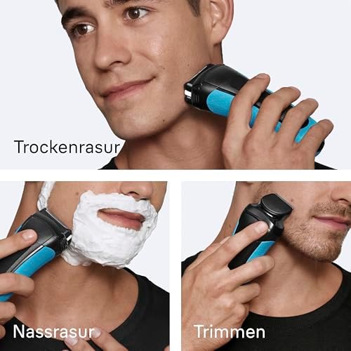Bild 3 - Braun Series 3+ Rasierer Herren Elektrisch, Elektrorasierer mit 3 Flexiblen Klingen, Rasierapparat Made in Germany, Barttrimmer-Aufsatz, +5 Kammaufsätze, Nass- & Trockenrasierer, 3010BT, Blau