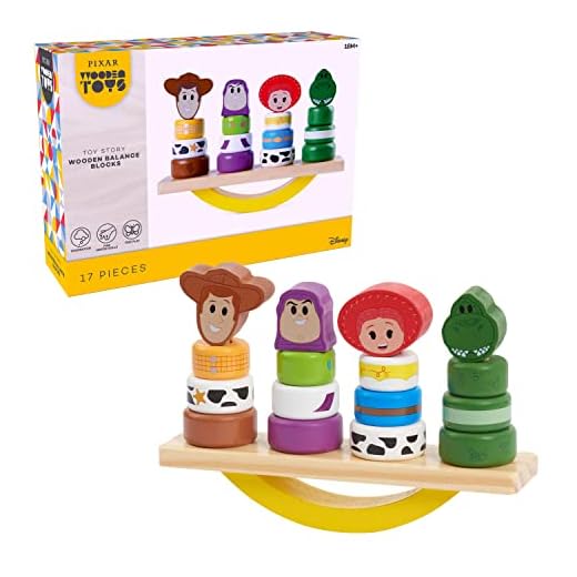 Disney Wooden Toys Toy Story Balance Blocks, 17-Piece Set Features Woody, Buzz Lightyear, Jessie, and Rex, Amazon Exclusive, by Just Play