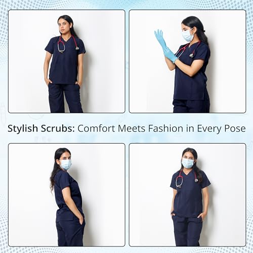 Image of Robustt Classic Scrub Suit Set For Women - Navy Blue (Extra Small) | Uniform For Doctors | Cotton Fabric | Ultimate Comfort and Breathability | Adjustable Fit | Multiple Pockets | V-Neck