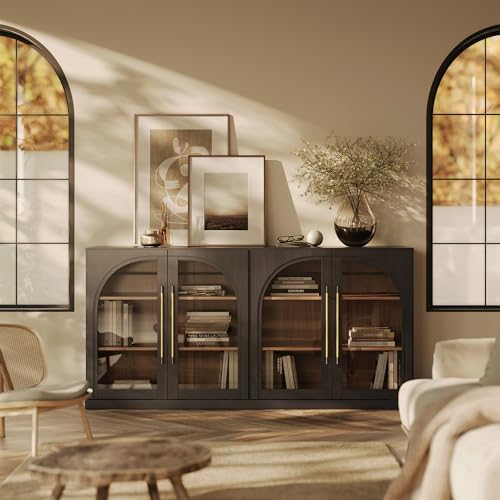Image of BELLEZE 65 inch Arched Sideboard with Glass Door, Accent Buffet Cabinet with Storage and Adjustable Shelves, Classic Modern Large Console Table for Dining Room Living Room Entryway (Ebony)