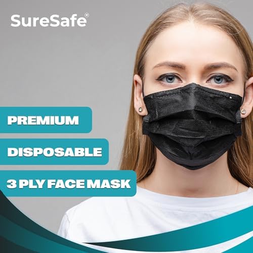 SURESAFE Premium Black Mask - Disposable Face Mask Pack of 100, 3 Ply face mask with Ear Loop, Women and Men Face Mask, High Filtration - 1
