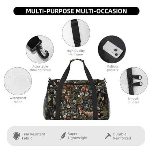 Small Duffel Bags Vintage Mushroom Print Travel Bag for Men Women, Duffle Bag & Gym Bag Weekender Overnight Bag Carry on Bags Cute Green Boho Floral Daisy Big Gym Bag3