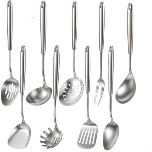 Comparison: Best Cooking Utensils For Stainless Steel Pans 4 Newness 9 Pcs Cooking Utensils Set, 304 Stainless Steel Kitchen Utensils Set, Metal Kitchen Accessories, Include Soup Ladle, Slotted Skimmer Spoon, Spaghetti Spoon and Spatula, Dishwasher Safe