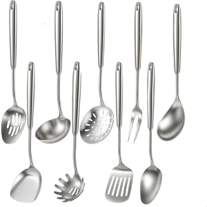 Newness 9 Pcs Cooking Utensils Set, 304 Stainless Steel Kitchen Utensils Set, Metal Kitchen Accessories, Include Soup Ladle, Slotted Skimmer Spoon, Spaghetti Spoon and Spatula, Dishwasher Safe