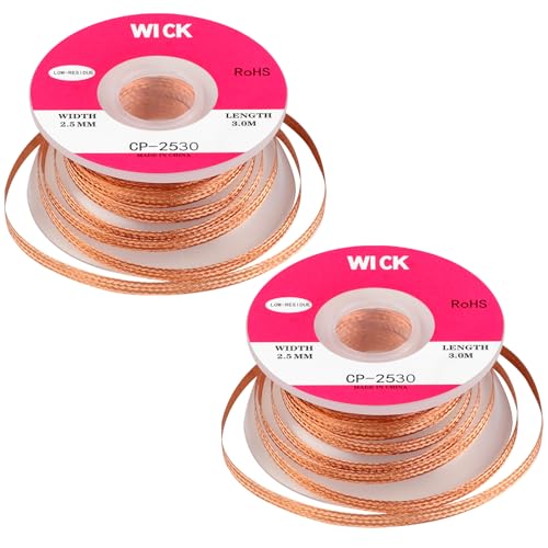 Rindion Solder Wick, Desoldering Wick With Flux 0.1Inch Width x 10 Ft Length, No-Clean Soldering Wick Braid for Easy to Remove Solder and Disassemble Electronics(2 Pack)