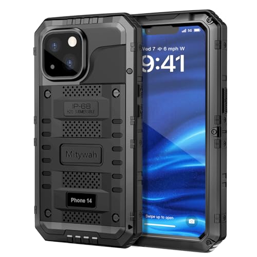 Mitywah Waterproof Case for iPhone 14 Heavy Duty Shockproof Case with Built-in Screen Protector Full Body Underwater Protective Metal Case 6.1 inch Black