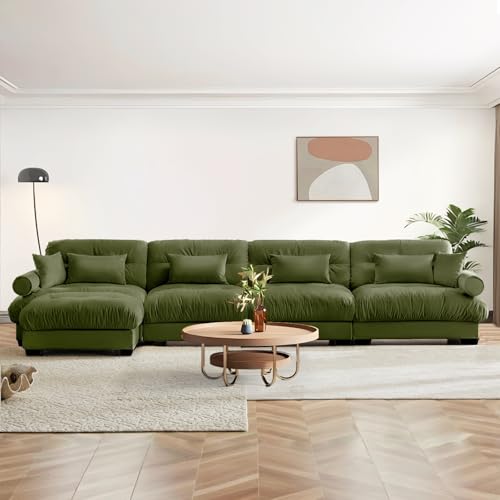 Image of SoarFlash Sectional Couches for Living Room, L Shaped Sofa Couch with Velvet Fabric, 4 Seat Modern Sofa with Ottoman, Removable Pillows for Apartment, Green