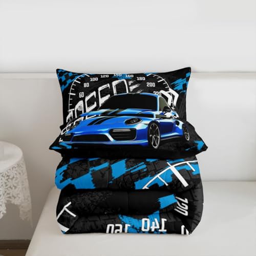 Image of Feelyou Blue Race Car Comforter Set Toddler Size Sports Car Bedding Set for Kids Boys Car Sports Comforter Geometric Checkered Extreme Sports Inner Fill Duvet Set 1 Comforter Set with 1 Pillowcase