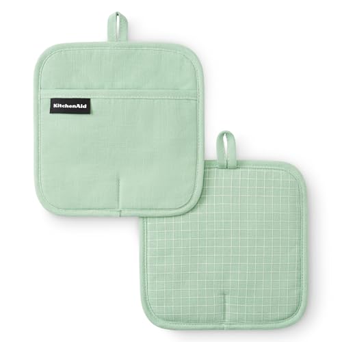 KITCHENAID Gourmet Series Gridlines Pot Holders 2-Pack Set, Heat Resistant up to 600°F, Soft Silicone Grip, Magnetic Cuff, Pistachio Green, 8"x8"