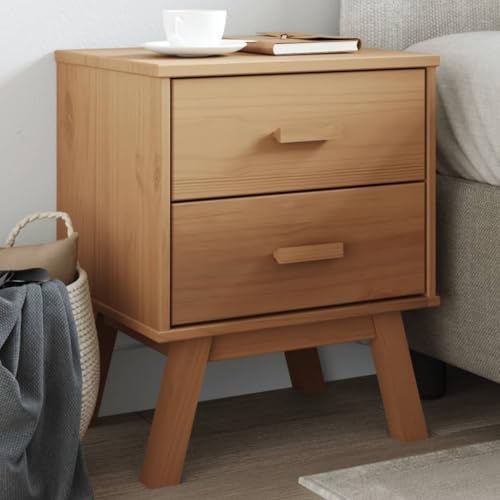 Foknhdi Solid Pine Nightstand Brown with 2 Drawers, 15.4x17.7x22.4 in