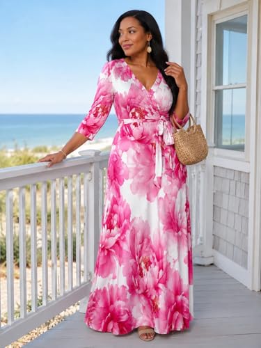 Image of SUZONANA Plus Size Dresses for Women Floral Print Maxi Dress Flowy 3 /4 Sleeve with Belt