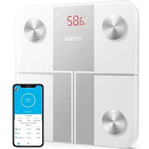 Weighing Scales for Body Weight and Body Fat, HOMEVER Digital Bathroom Scales with Body Composition Monitor by Fitness App, BMI, Muscle, Bone Mass, Visceral Fat, 28st/180kg/400lb, White Cover