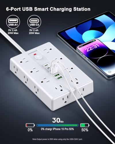 Image of Surge Protector Power Strip 6.5 FT Cord with 16 AC Outlets 6 USB-C Ports | Extension Cord with Multiple Outlets, Desktop Charging Station, Flat Plug Outlet Extender for Home Office Dorm